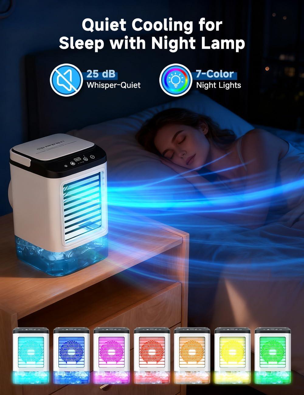 4-IN-1 Portable Air Conditioner, 3 Speeds & 2 Spray Modes, 900ML Tank, Boosting Mode, 25Db USB Powered Mini Cooler, Humidifier, Cooling Fan, 7 Night Light, Evaporative Air Cooler for Room Home image number 2