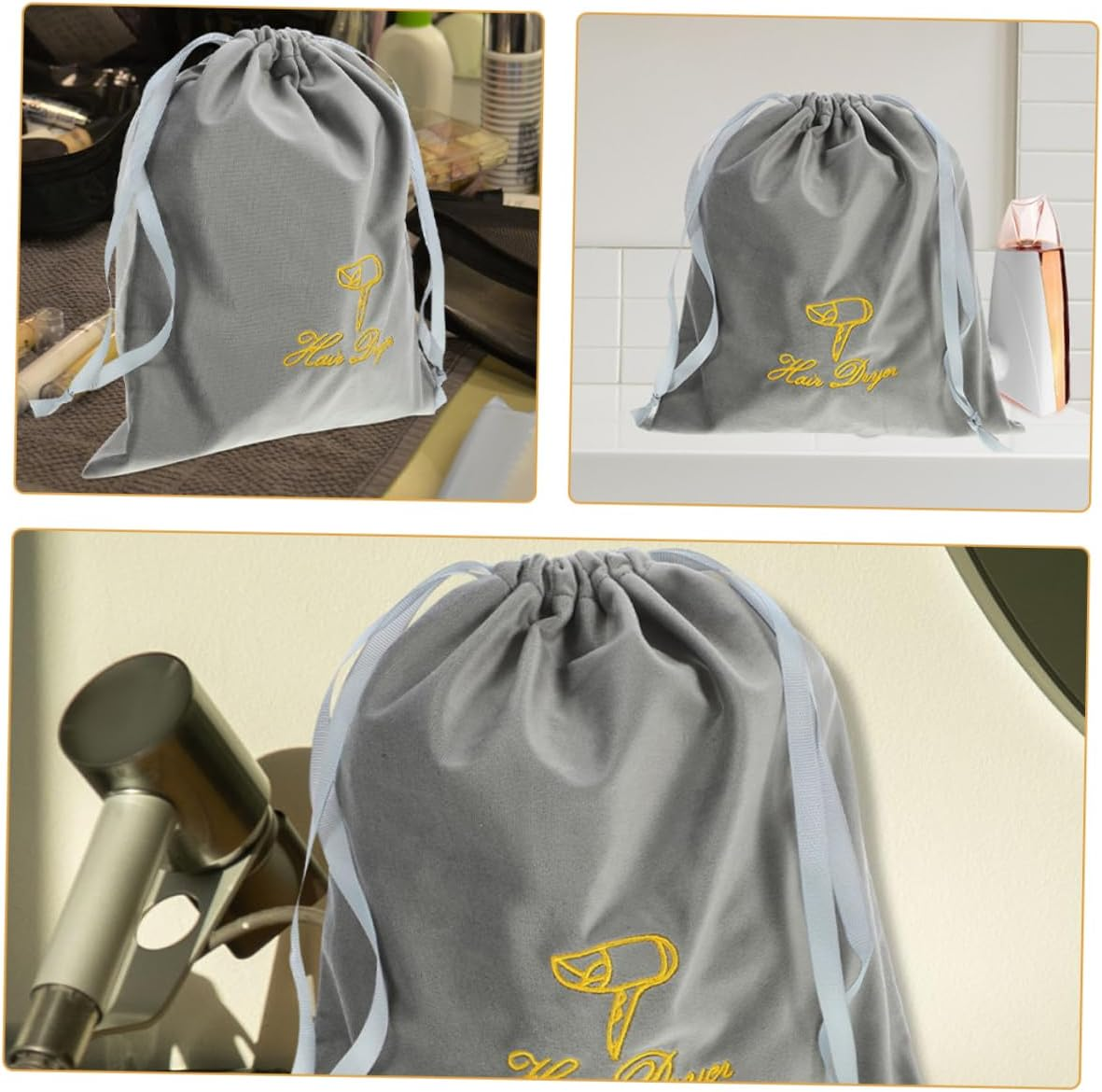 Hair Dryer Drawstring Bags 2Pcs 30X35Cm Embroidered Blow Dryer Storage Pouches Portable Travel Organizer for Women and Men image number 4