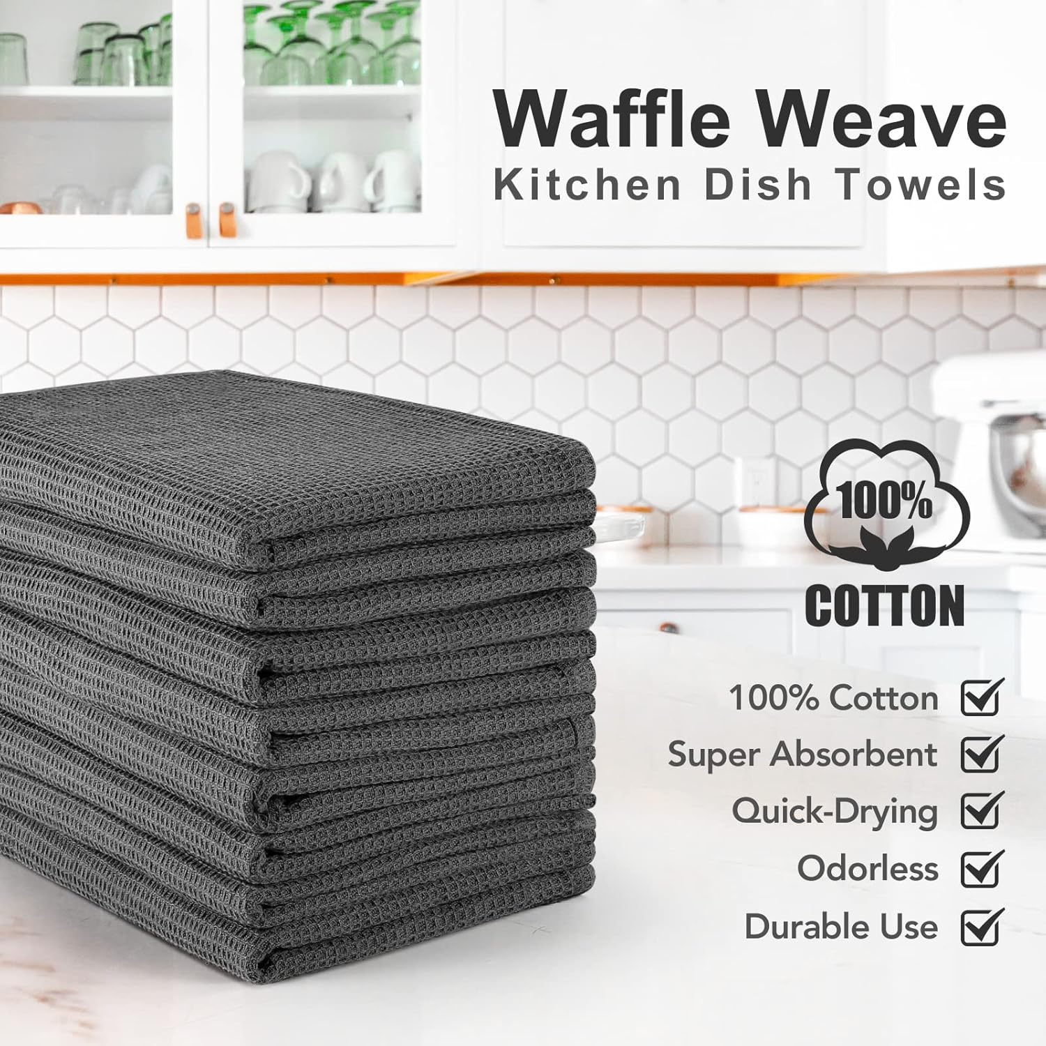 PY HOME & SPORTS 8 Pack Cotton Waffle Weave Kitchen Towels 17 X 25, Super Absorbent Kitchen Hand Dish Cloths for Drying and Cleaning (Dark Grey) - Dark Grey image number 6