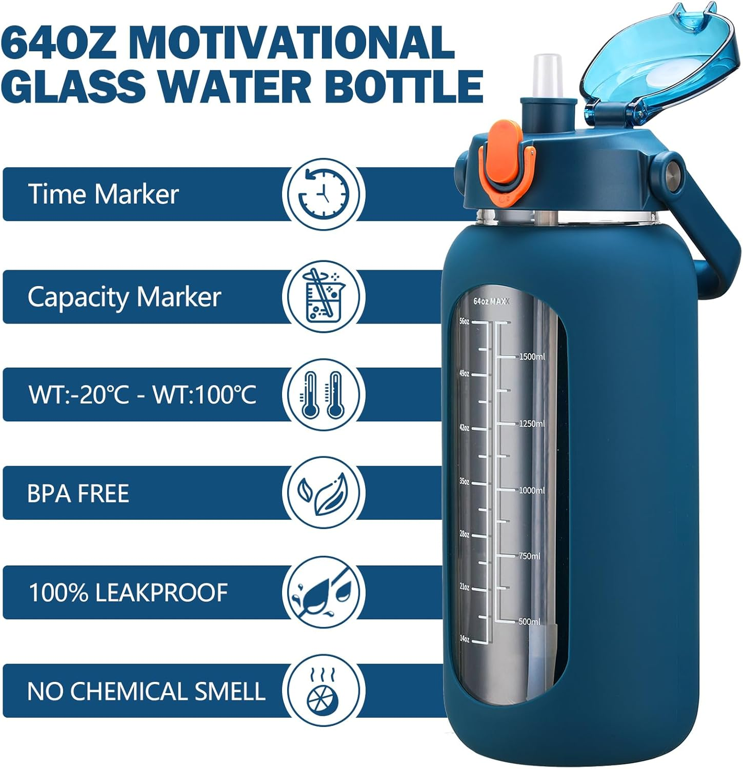 Kytffu 64Oz Glass Water Bottles with Straw, Half Gallon Motivational Glass Bottle with Silicone Sleeve and Time Marker, 2L Leakproof Large Glass Water Jug for Gym Home Office,Blue image number 2