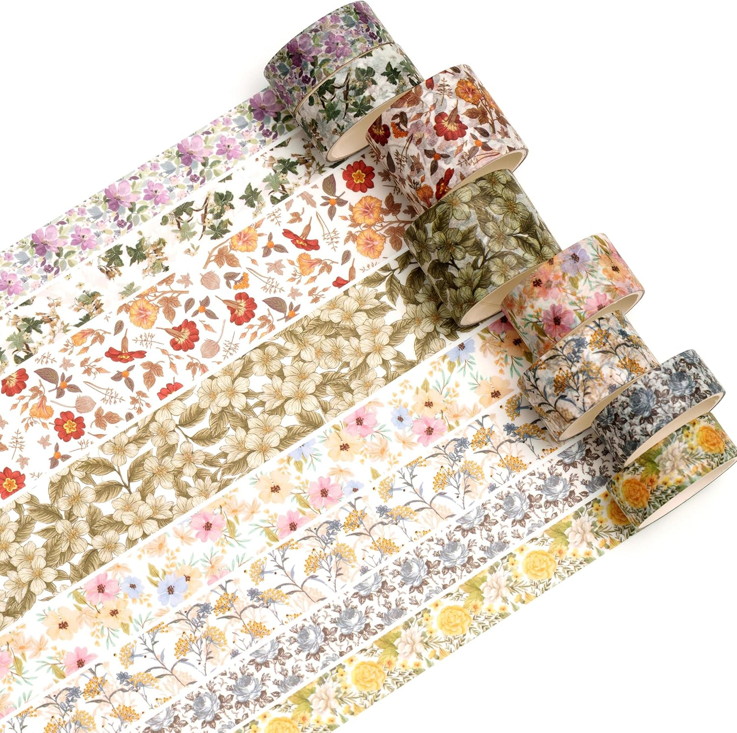 8 Rolls Retro Washi Tape Set Vintage Arts Adhesive Tapes Wide Painting Patterned Decorative Masking Tape Sets for Craft, Kids, Scrapbook, DIY, Gift Wrapping (Flowers & Plants) - Stone Texture image number 4