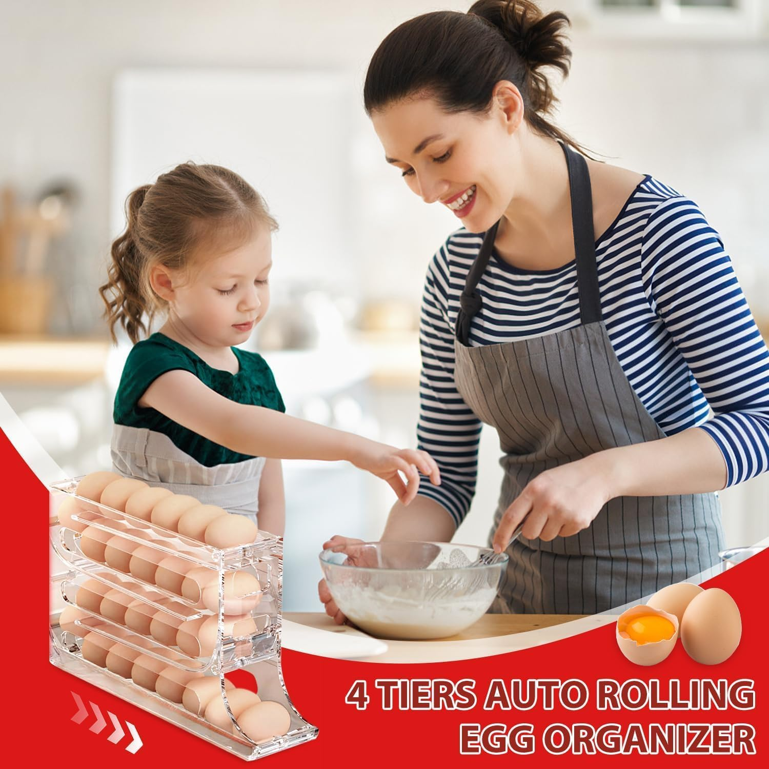 WADY Egg Holder for Fridge, 4 Tier Egg Dispenser for Refrigerator, Auto Rolling Fridge Egg Organizer, Space-Saving Egg Dispenser Holder, Large Capacity Egg Dispenser for Refrigerator (Transparent)