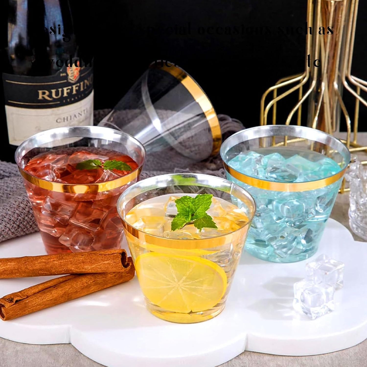 100 Pcs Plastic Cups,Reusable Drinking Cups with Glod Trim,270 Ml Elegant Party Wine Glasses Tumblers Shot Cups Party Cups Plastic for Home Decoration Party Wedding Birthday Camping(9 OZ) image number 4