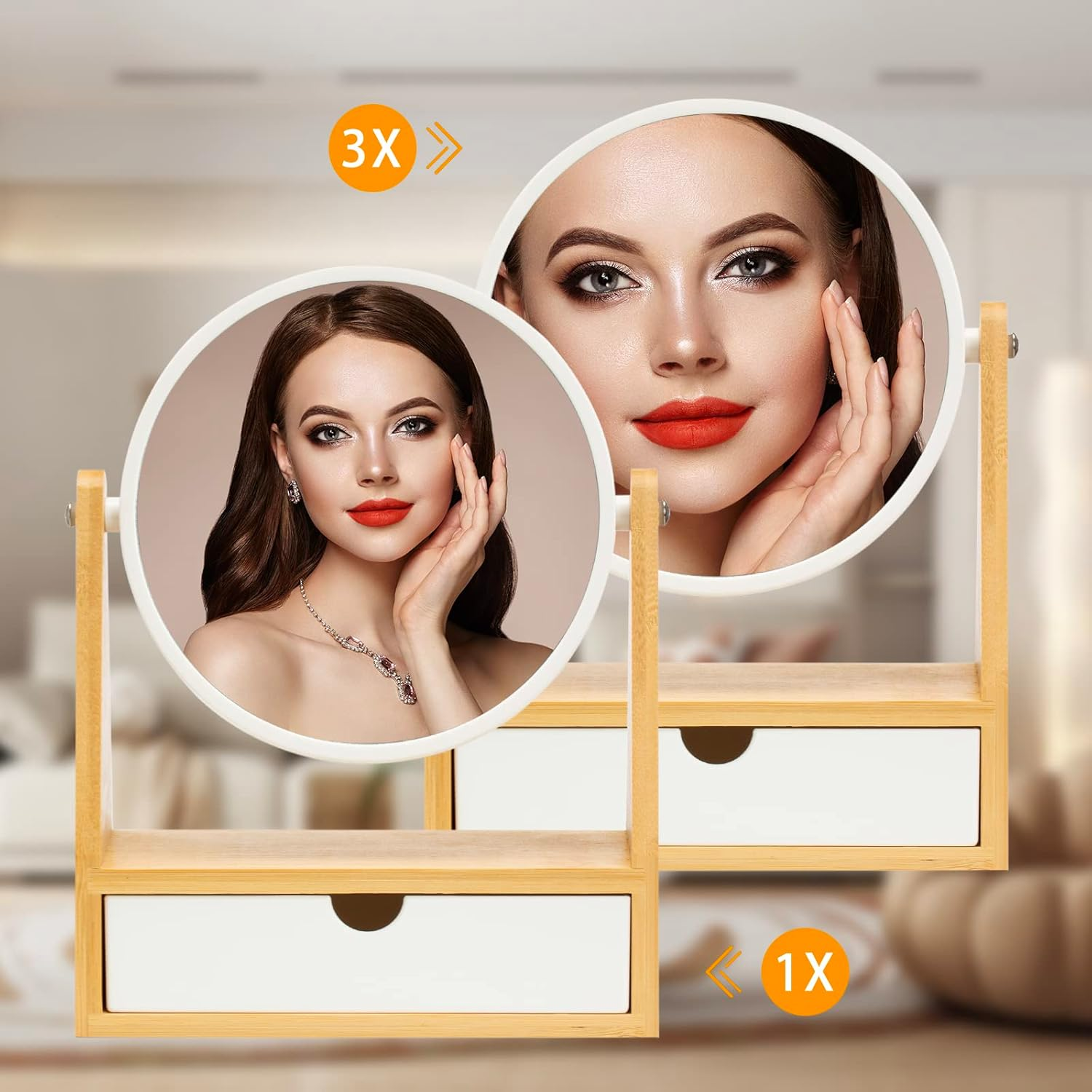 YEAKE Vanity Makeup Mirror with Natural Bamboo Stand, 10"L X 7.5"W, 1X/3X Double Sided Magnifying Mirror with Drawer, Portable Tabletop Mount, Bathroom Shaving Mirror (Round) image number 3