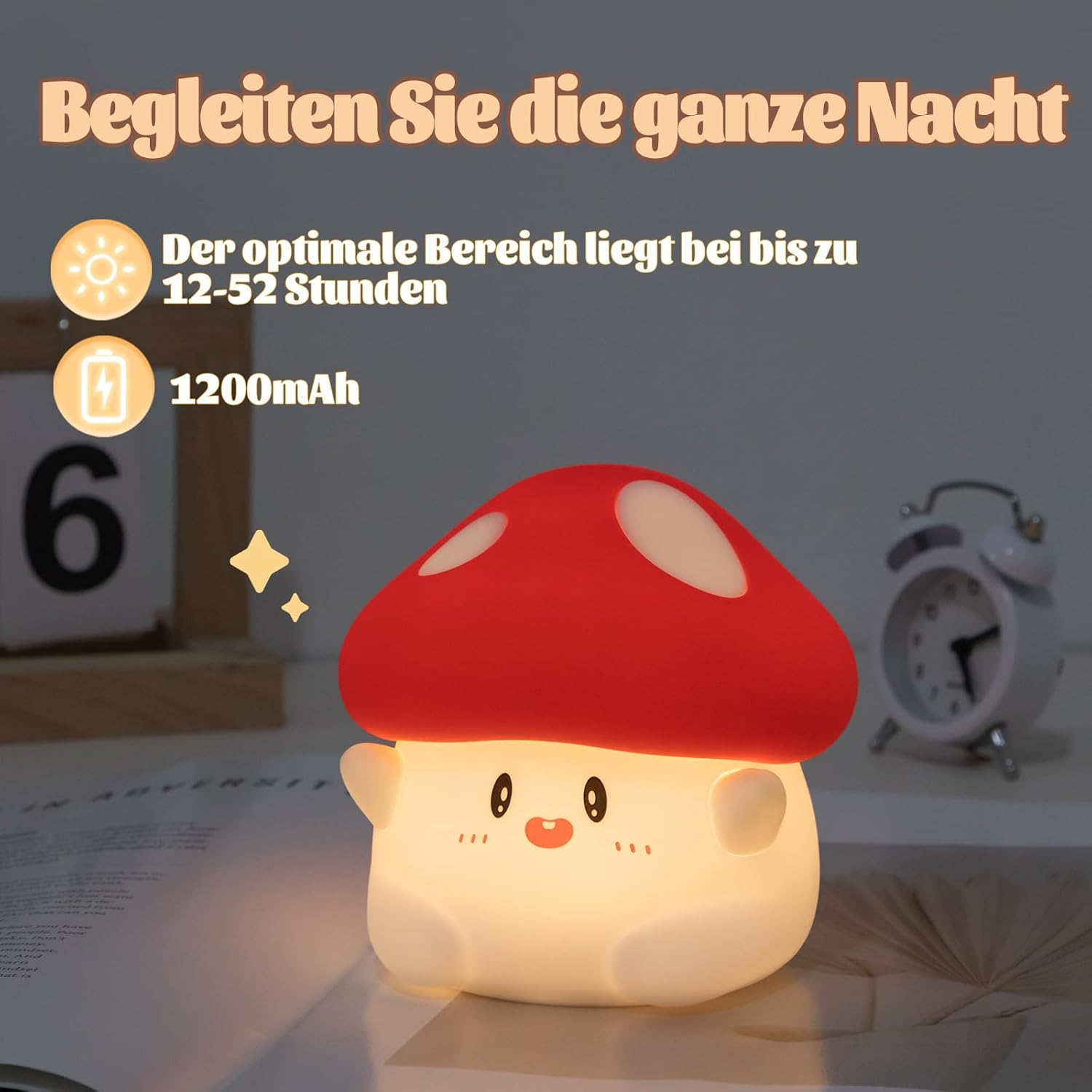 Mushroom Night Light, Cute LED Squishy Night Lamp, 2 Levels Dimmable, Rechargeable, Timer, White Silicone - White image number 2