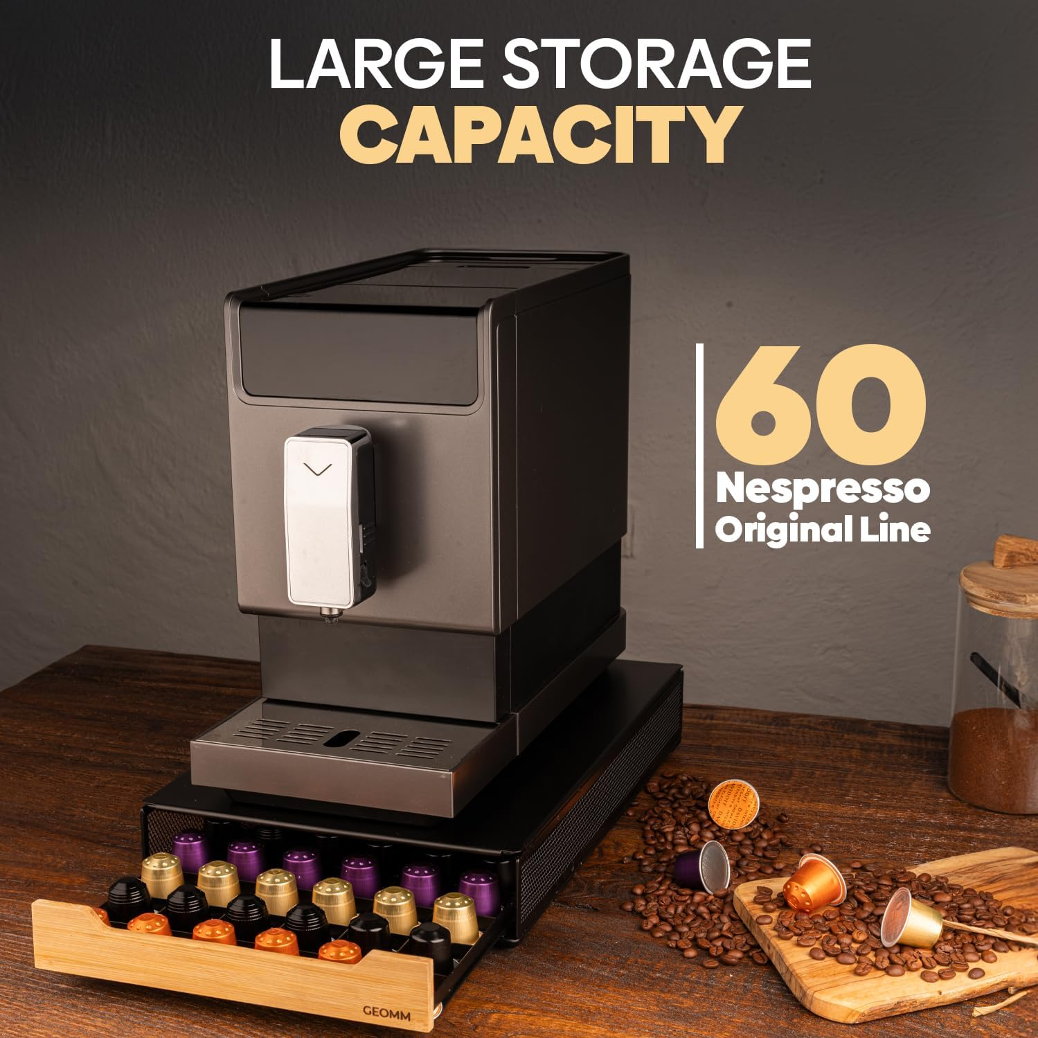 GEOMM Bamboo Storage Drawer for Nespresso Pods - 60 Capacity Metal Coffee Capsule Holder, Tea Organiser Tray - Coffee Machine Accessories image number 3