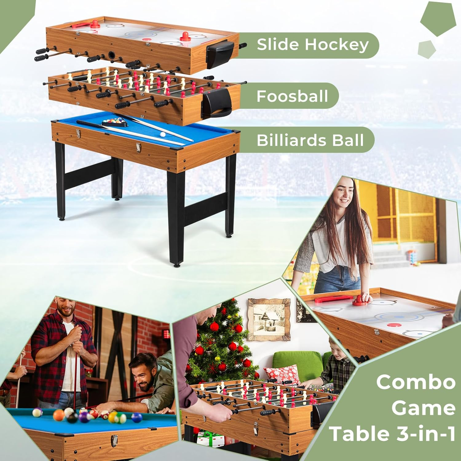 Costway 3-In-1 Combo Game Table Set, Multi-Game Pool Table with Foosball, Slide Hockey & Billiards, 126Cm Sports Arcade Games with Accessories for Home, Play Room, Rec Room image number 6