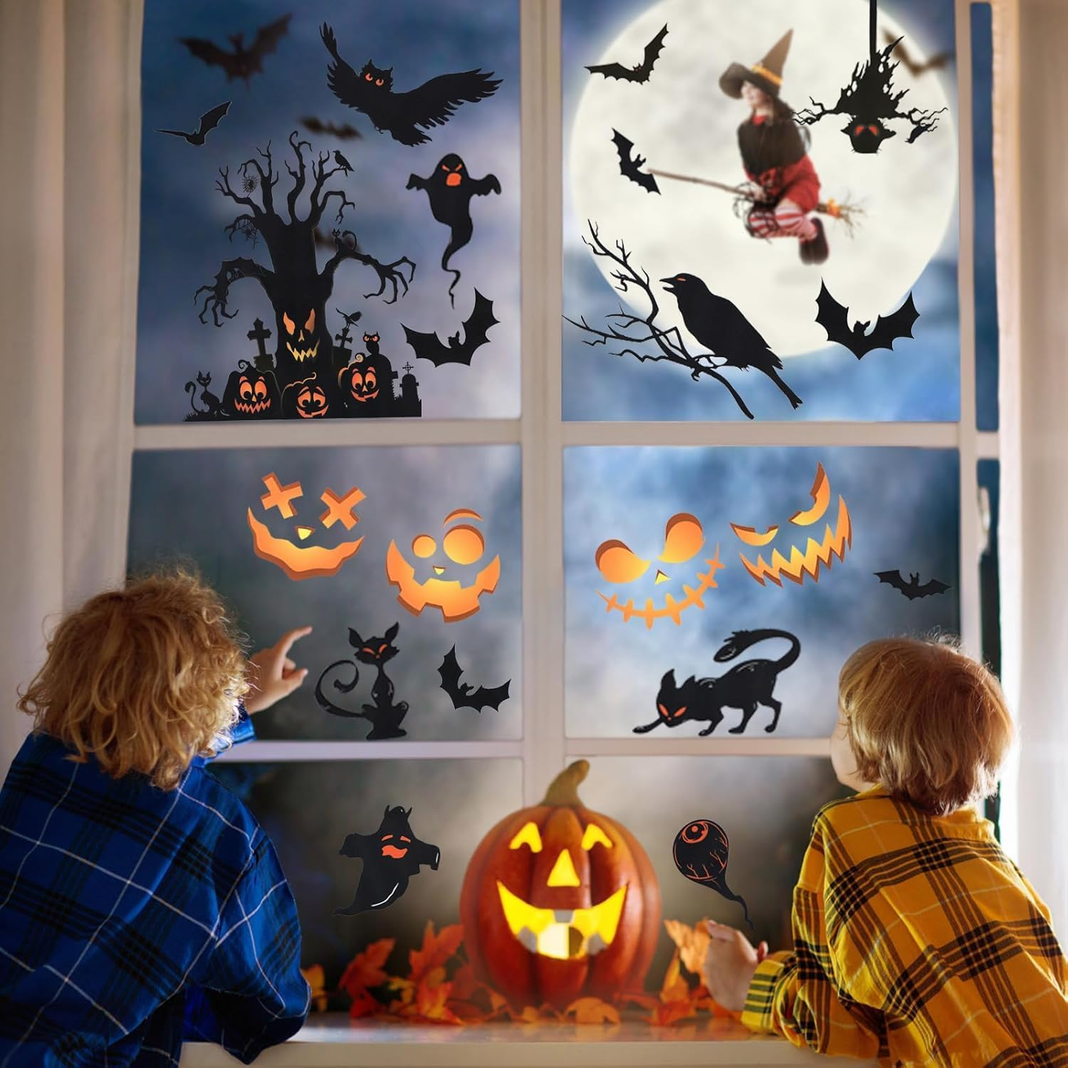 9 Sheets Halloween Window Clings, Scary Halloween Window Stickers, Removable Double Sided Halloween Window Decals for Glass Windows, Halloween Window Decorations Home Decor Halloween (A) - C image number 6