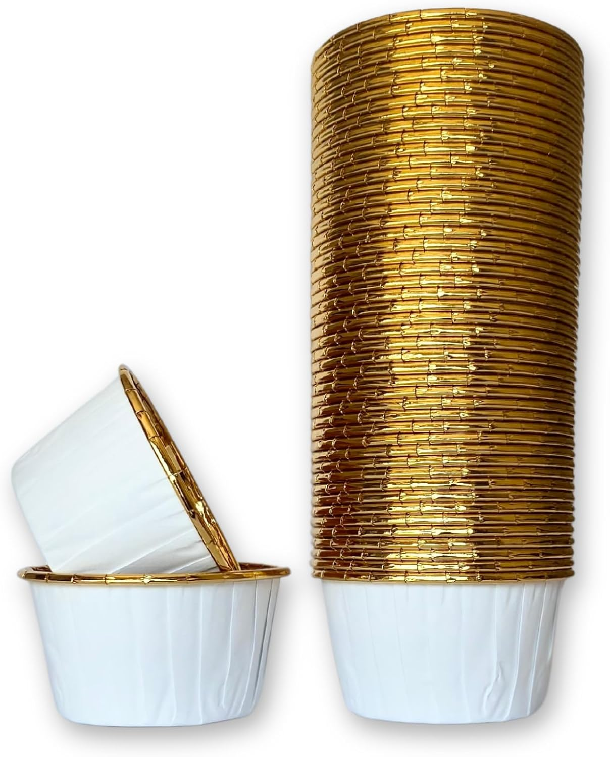Cupcake Liners - 100 Pieces White Baking Cups &ndash; Cases for Cupcakes, Muffins, Savoury and Desserts - Disposable Gold Foil Lined Wrapper Patty Pans (White)