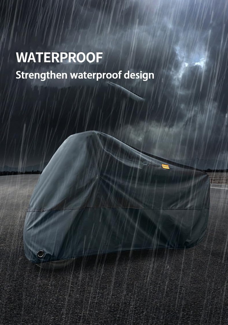 Motorcycle Cover, Waterproof,，With Reflective Strip，Compatible with All Motorcycle(Lockholes&Windproof Strap) (Black, L[Suitable for 2-2.2 Meter Long Vehicle Models]) image number 5