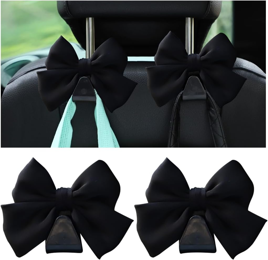 Mandark 2PCS Car Seat Headrest Hooks, Cute Bow Vehicle Hooks for Purses and Bags, Automotive Purse Hook Hanger Interior Decoration Accessories, Universal for SUV, Sedan, Truck (Black Line)