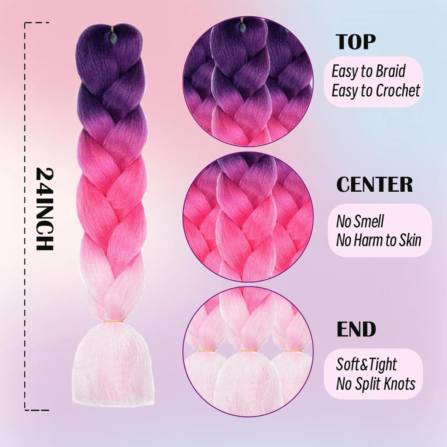 Jumbo Braiding Hair Extensions,24Inch/60Cm 3 Packs High Temperature Fiber Crochet Twist Braids Crochet Braiding Hair Purple/Rose Red/Pink(C6) - A1 image number 6