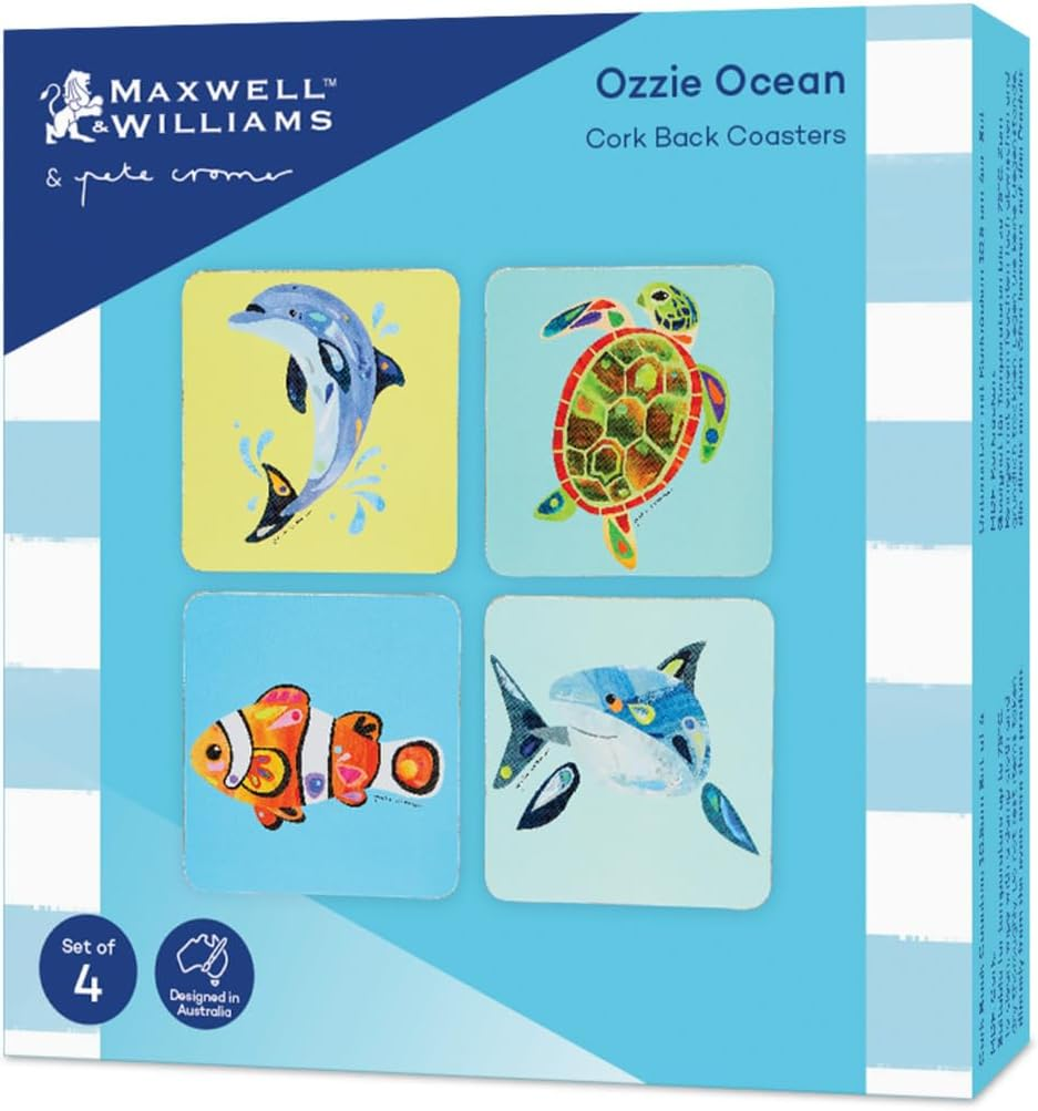 Maxwell & Williams Pete Cromer Ozzie Ocean Cork Back Coaster 10.5Cm Set of 4 Assorted Gift Boxed