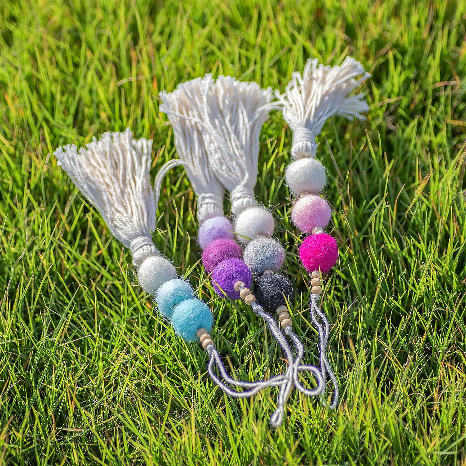 Colorful Felt Ball Car Diffuser Essential Oil Bead Aromatherapy Car Vent Diffuser Boho Tassel Hanging Car Charm Vent Clips Car Interior Decor Air Freshener (Blue) - Purple image number 4