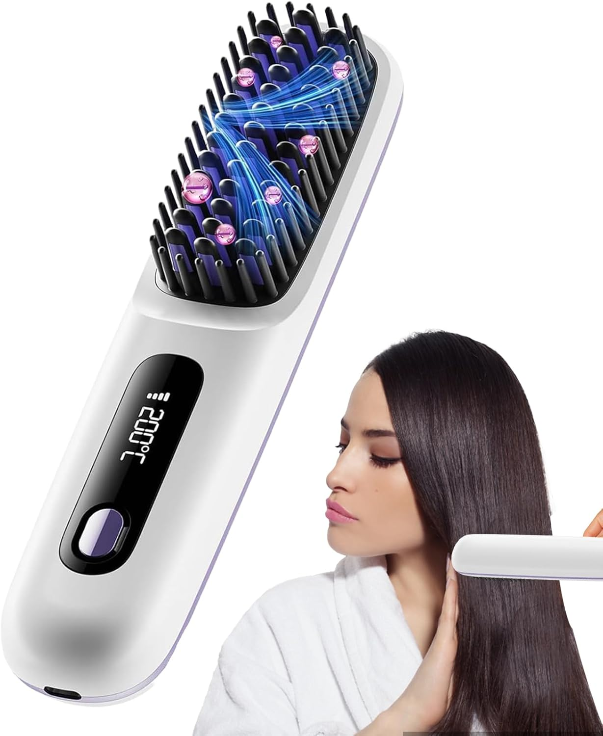Portable Straightener Brush, Portable Hair Straightener with Led Display, 3 Temperature Settings Hot Comb for Black Women Hair, Cordless