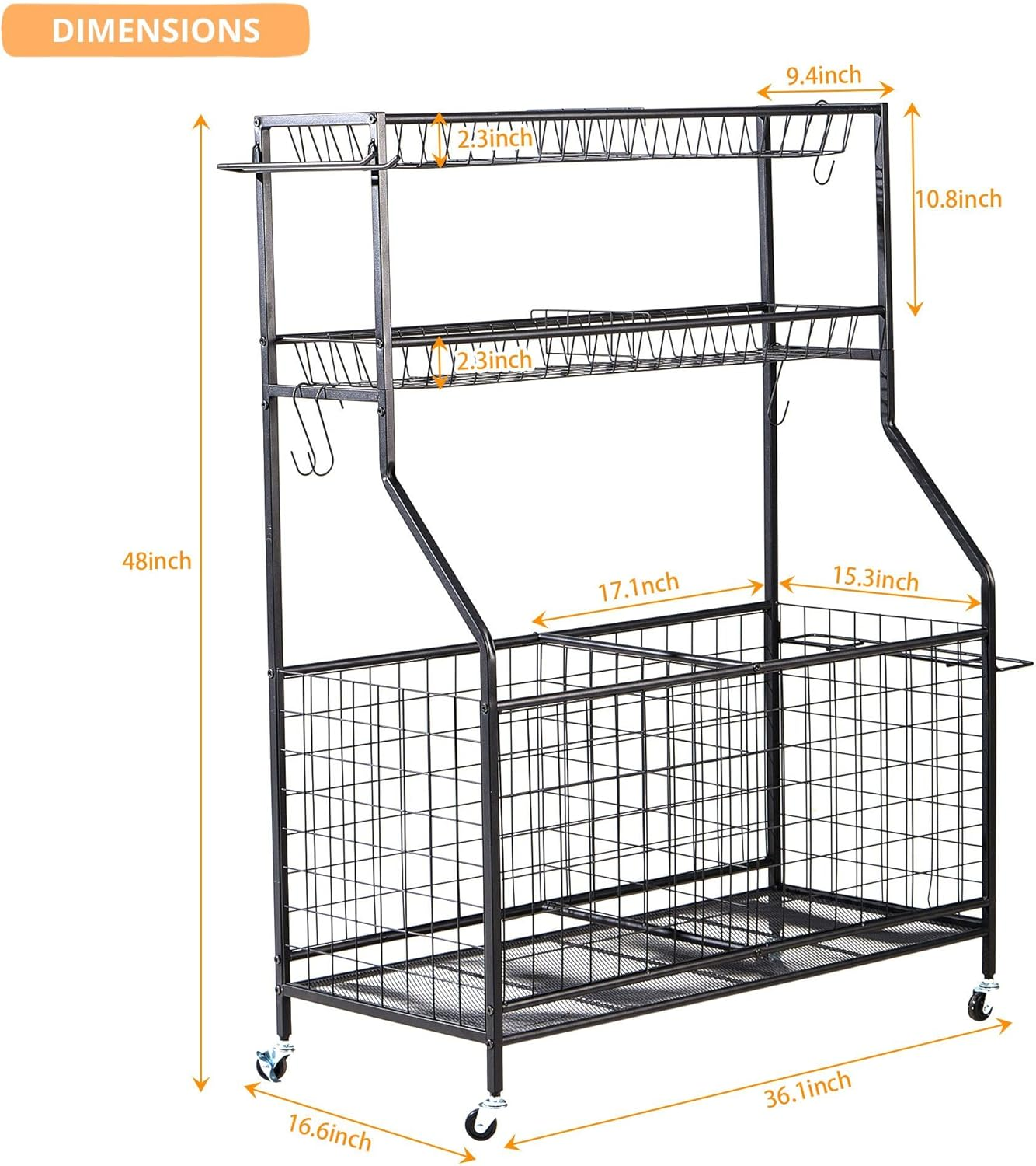 LUGO Heavy-Duty Garage Sports Equipment Organizer with Wheels, Indoor/Outdoor Ball Storage Rack with Baskets and Hooks, Ball Holder with Lockable Wheels, for Home, Garage, Kids Toys, Sports Gear image number 6