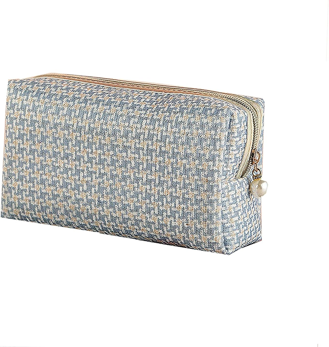 Checkered Makeup Bag for Purse Portable Zipper Make up Pouch Small Cosmetic Case for Travel Accessories(Blue)