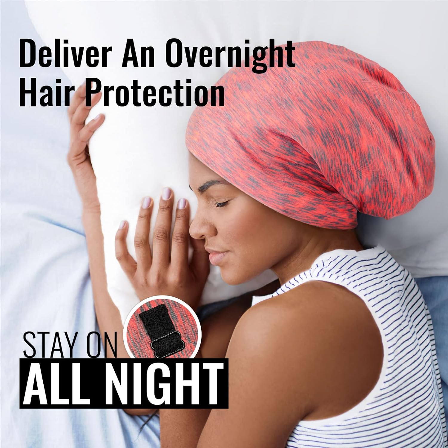 Satin Lined Sleep Cap Bonnet for Curly Hair and Braids, Stay on All Night Hair Wrap with Adjustable Strap for Women and Men, Carol Pink, Pack of 1 image number 4