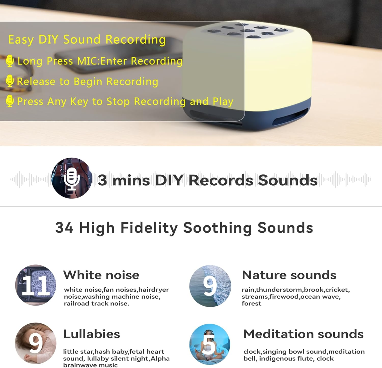 White Noise Sleep Sound Machine with Night Light, 40 Soothing Sounds for Baby Kids Adults, Auto-Off Timer,Portable for Travel, 5-Level Nursery Light(Bt) image number 3