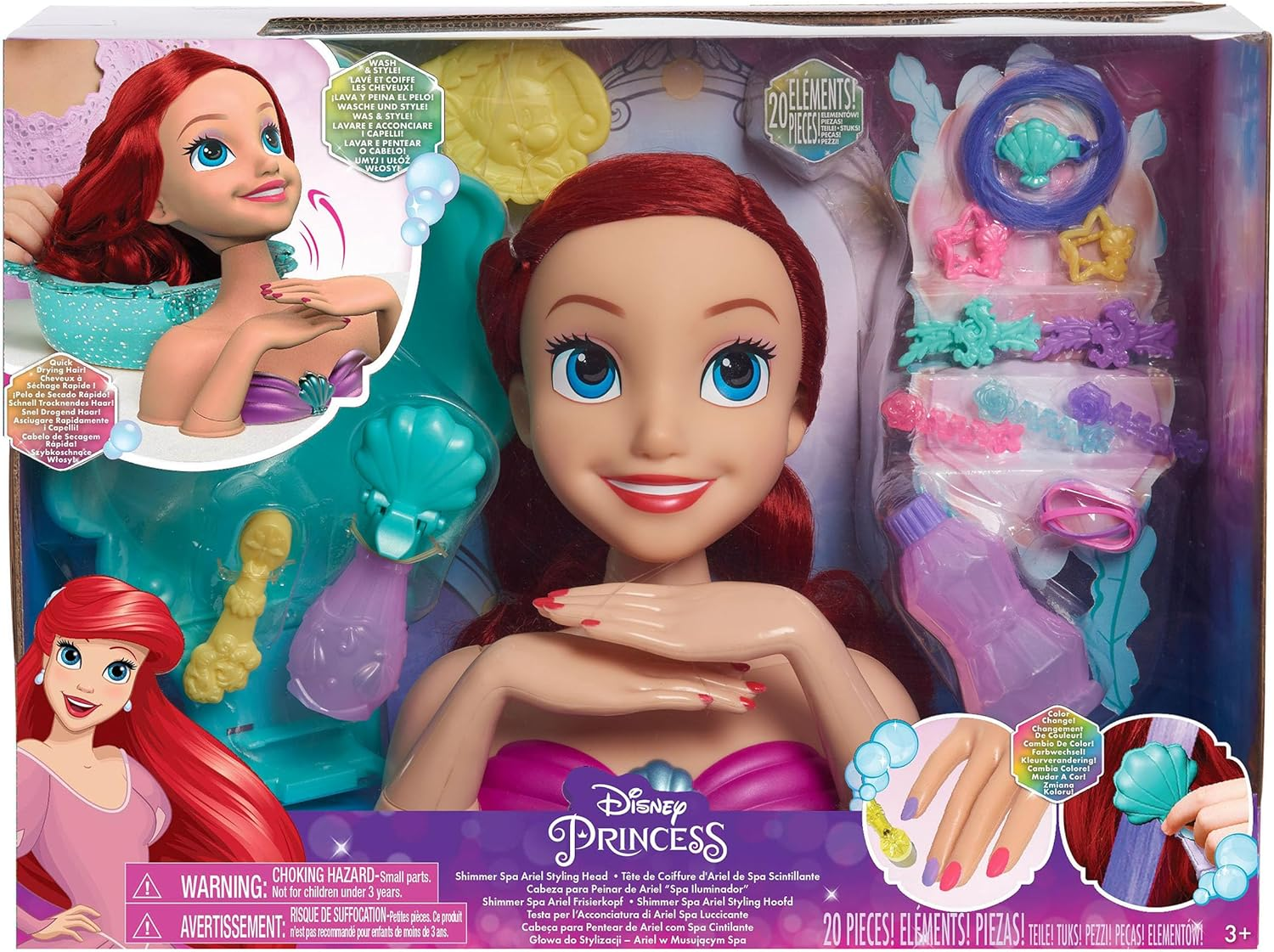 Disney Princess Shimmer Spa Ariel 8-Inch Styling Head, 20-Pieces, Red Hair, Pretend Play, Kids Toys for Ages 3 up by Just Play image number 1