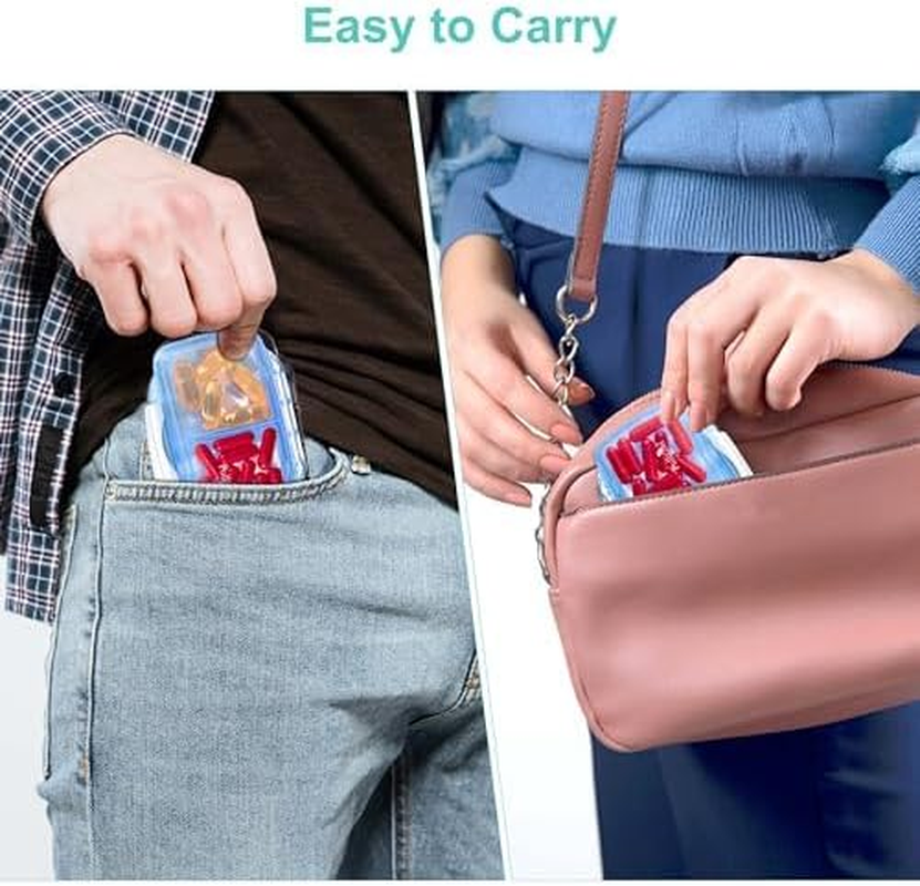 Fullicon 2 Pack Travel Pill Organiser, 4 Compartments Portable Pill Box, Moisture Proof Small Pill Case with Labels, Travel Pill Organizer with Double Lock, Pocket Pharmacy for Vitamin & Fish Oil (Blue) image number 1