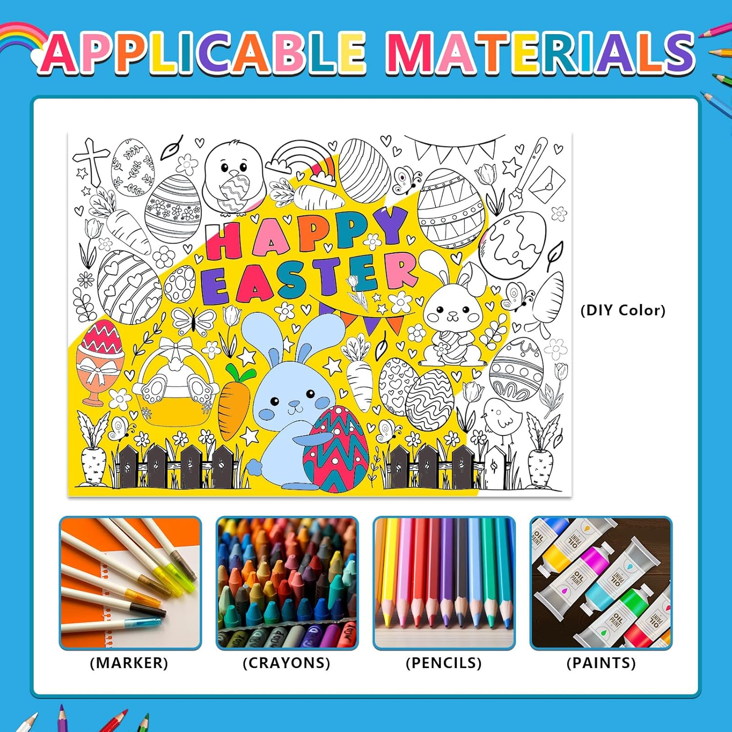 Easter Coloring Poster for Kids Giant Coloring Poster Easter Coloring Tablecloth Jumbo Easter Coloring Poster for Classroom Easter Party Favors Boys Girls Happy Easter Day Party Poster 43.3"X 31.4" image number 3