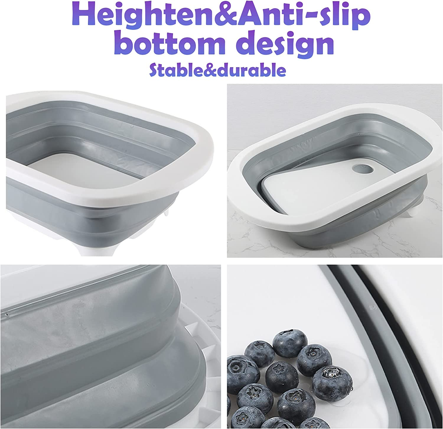 3-In-1 Multi-Function Collapsible Cutting Board with Colander -Foldable Washing Sink, Cutting Board and Camping Basket, Space-Saving Food Grade Sink Storage Basket with Suction Plug (Grey) image number 3