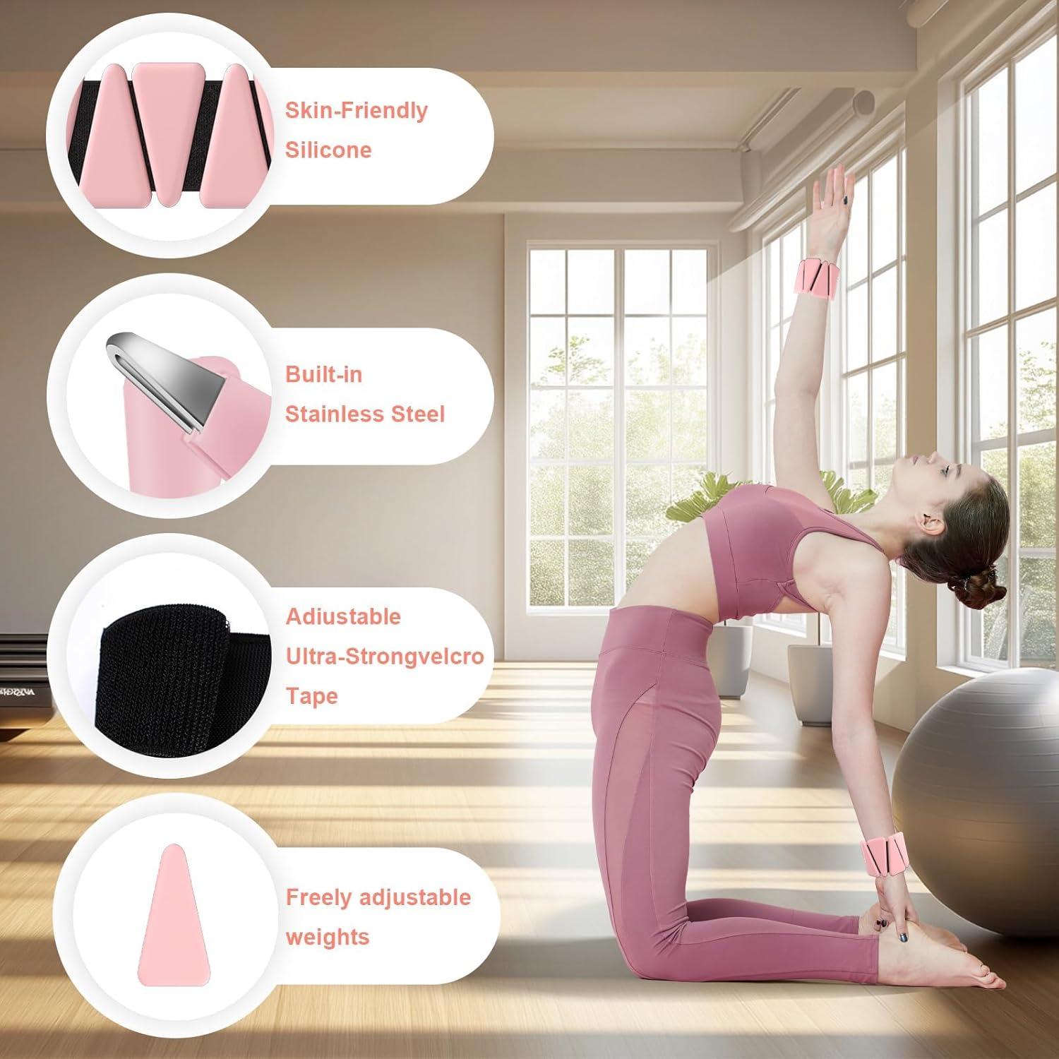 Wrist Ankle Weights for Women, Adjustable Wearable Silicone Leg Arm Weights, Weighted Wristbands Set of 2 (1 Lb Each) for Jogging, Yoga, Pilates, Swimming, Barre, Strength Training (Pink) image number 3