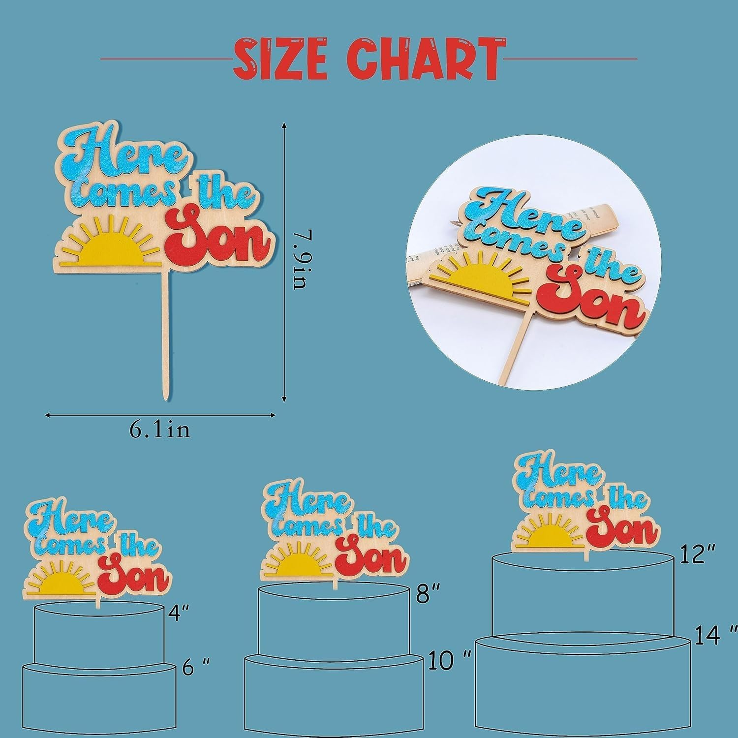 Colorful Baby Birthday Cake Topper -&ldquo;Here Comes the Son&rdquo; Sun Wooden Cake Decorations，Becomes Birthday the Focus of Cake Decoration, Suitable for Boy Birthday Party, Baby Baptism Decoration