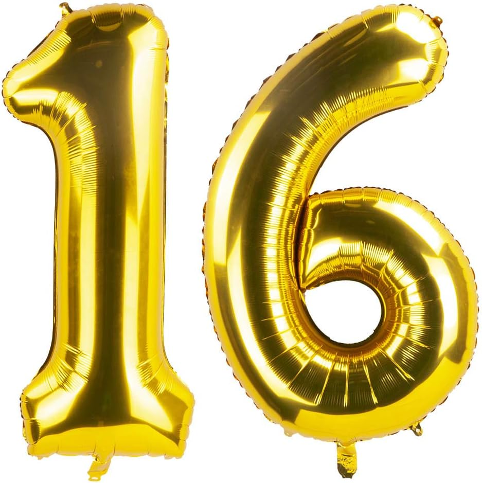 40 Inch Gold 16Th Birthday Number Balloons 16St Foil Mylar Balloon for Anniversary Party Decoration