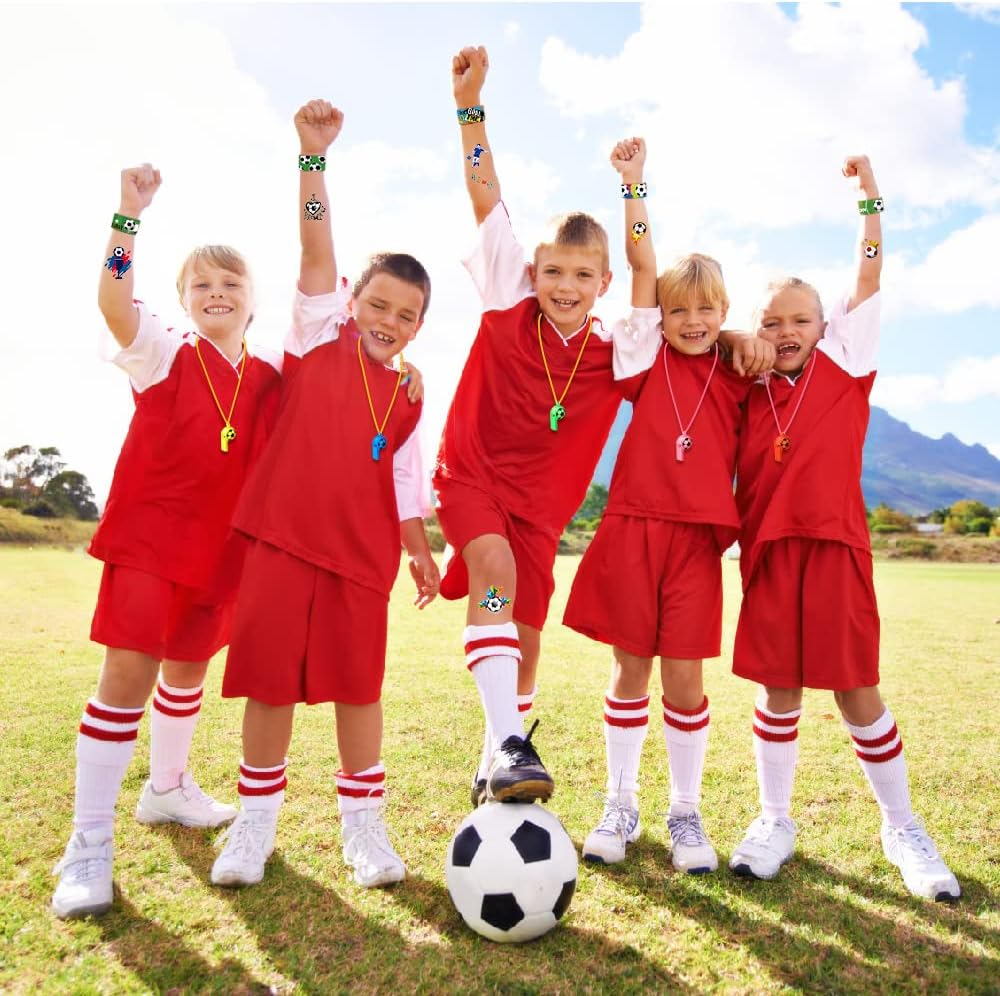 YUJUN 112 PCS Soccer Party Favors Set , Soccer Toy Soccer Fidget Spinners Slap Bracelet Whistle Tattoos Stickers Keychains for Kids Soccer Themed Birthday Party Favors Goodie Gifts Bags Decorations