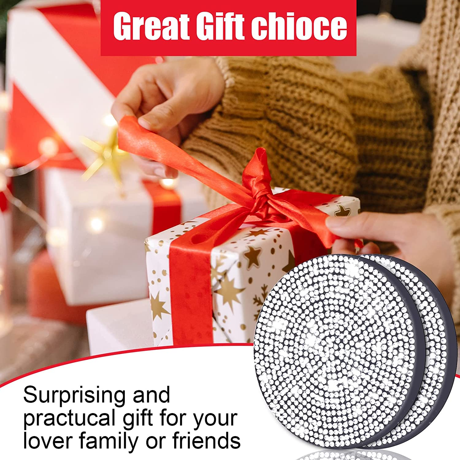 SAVITA 2Pcs 7Cm/ 2.75Inch Bling Car Coasters, Cup Holder Coasters Glitter Car Coaster Cup Mats Crystal Accessories for Ladies and Girls image number 4