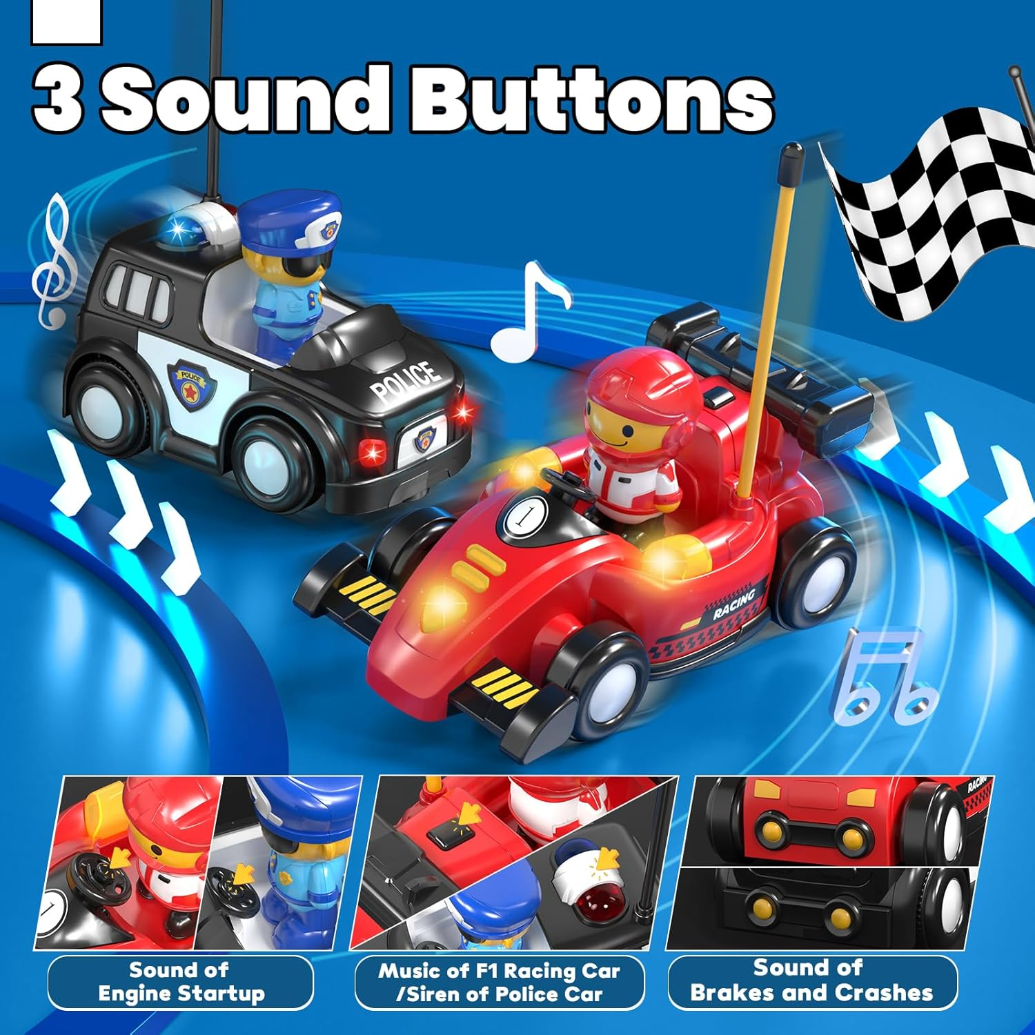 Lehoo Castle Remote Control Cars, Toys for 2 Year Old Boy, Remote Control Bumper Cars, 2 Pack RC Car Pop-Up Race & Police Car Toy, Gifts for 2 Year Old Boys with Lights & Music image number 1