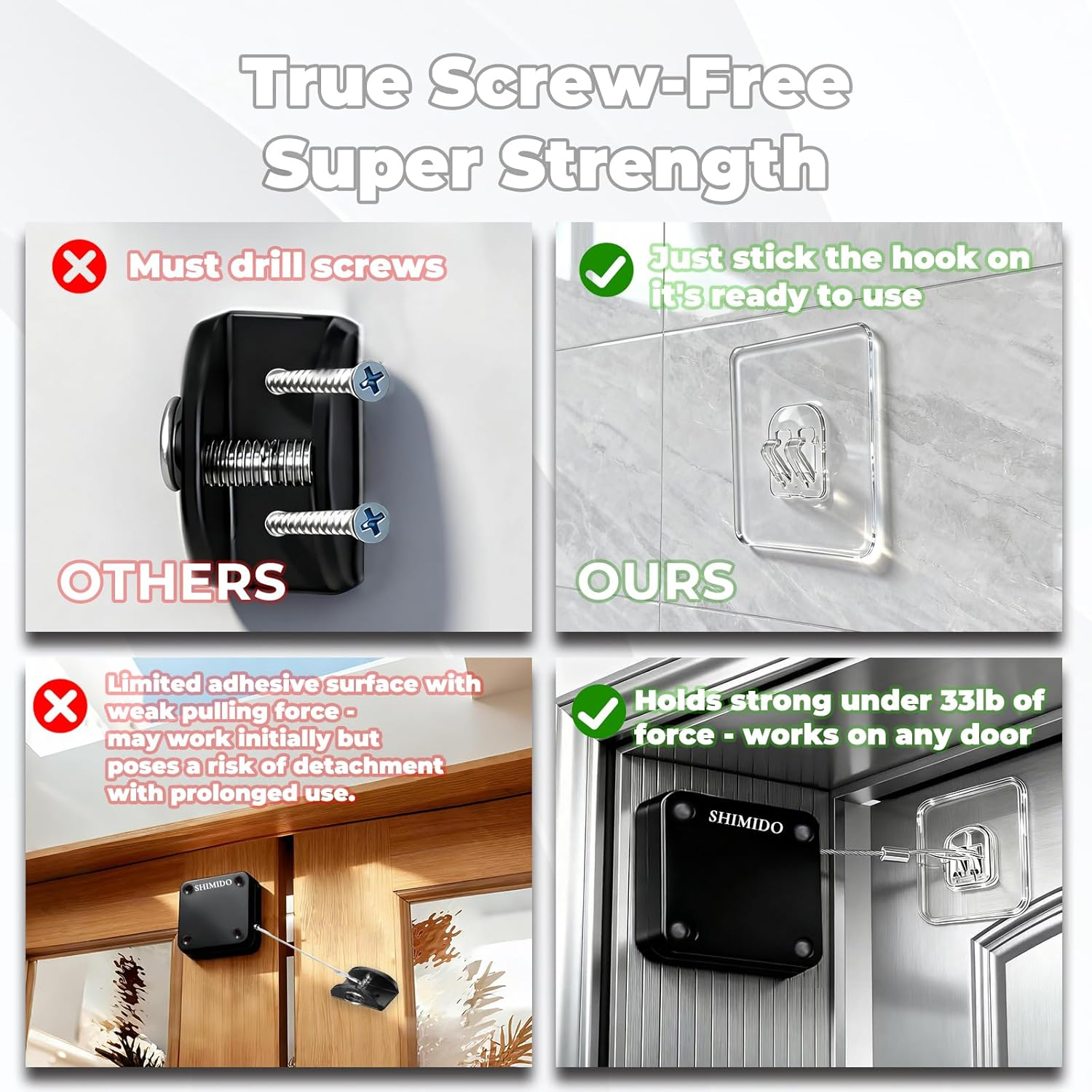 SHIMIDO Upgraded Punch-Free 1000G Automatic Screen Door Closer, Storm Door Closer, Sliding Screen Auto Closer with Steel Drawstring for Bathroom, Bedroom, Studyroom (4 Pack Black) image number 1