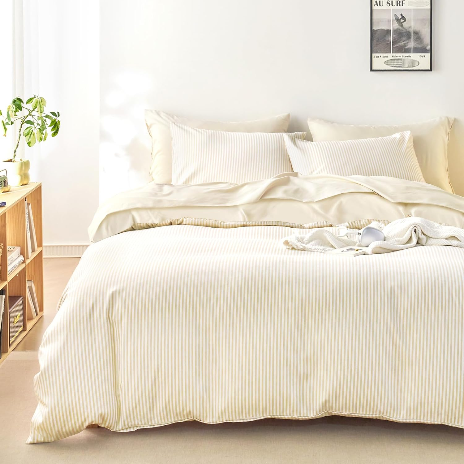 Wake in Cloud - Striped Quilt Cover Set, 1000TC Ultra Soft Microfiber Doona Duvet Cover, Ticking Stripes Pinstripe Pattern Printed Bed Bedding, 3 Pieces, Beige, Queen Size image number 2