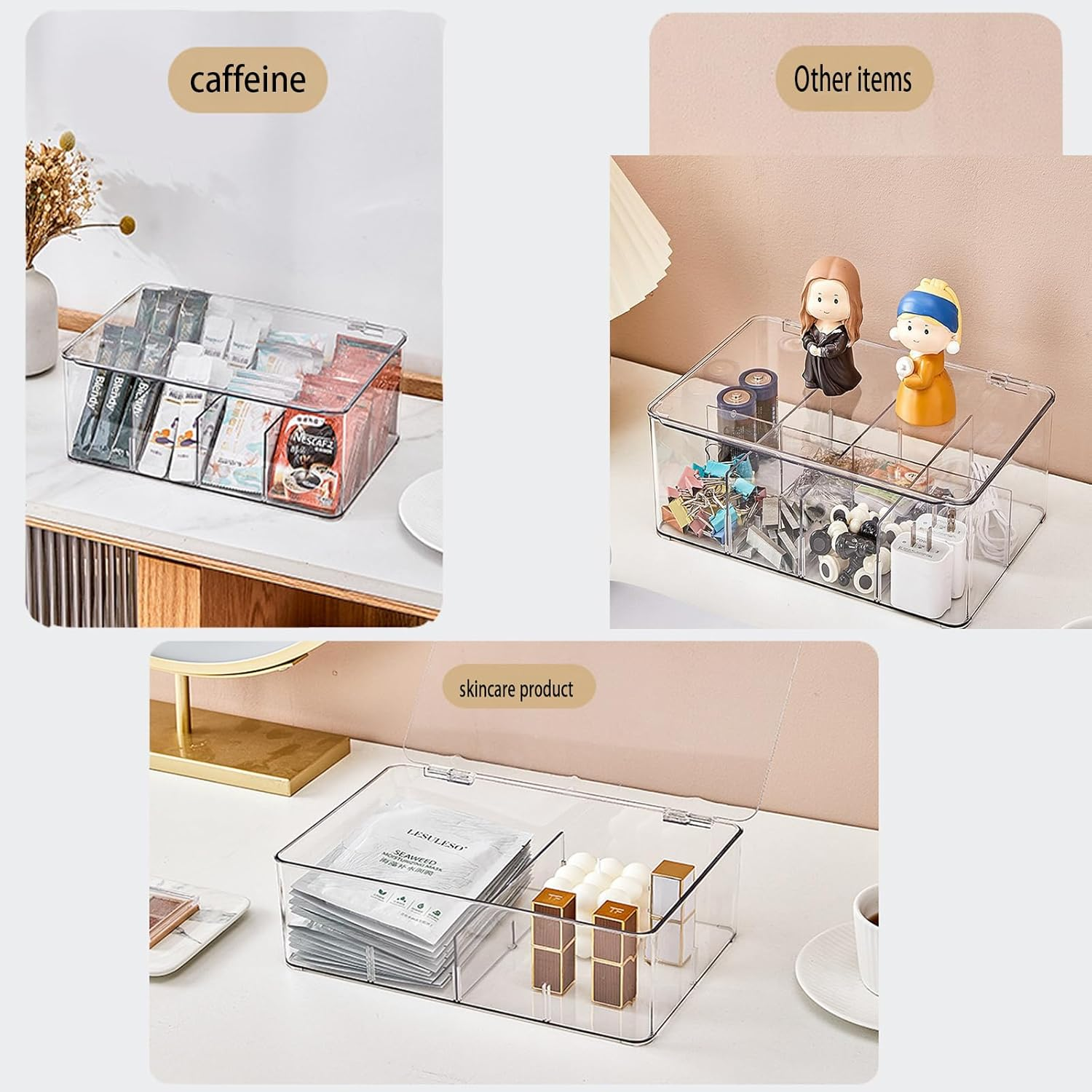 2 Pack Tea Coffee Bag Storage Box with Lid and 4 Removable Dividers,Clear Plastic Food Bag Snack Organizer,Stackable Kitchen/Refrigerator Dessert,Flavor Organizer