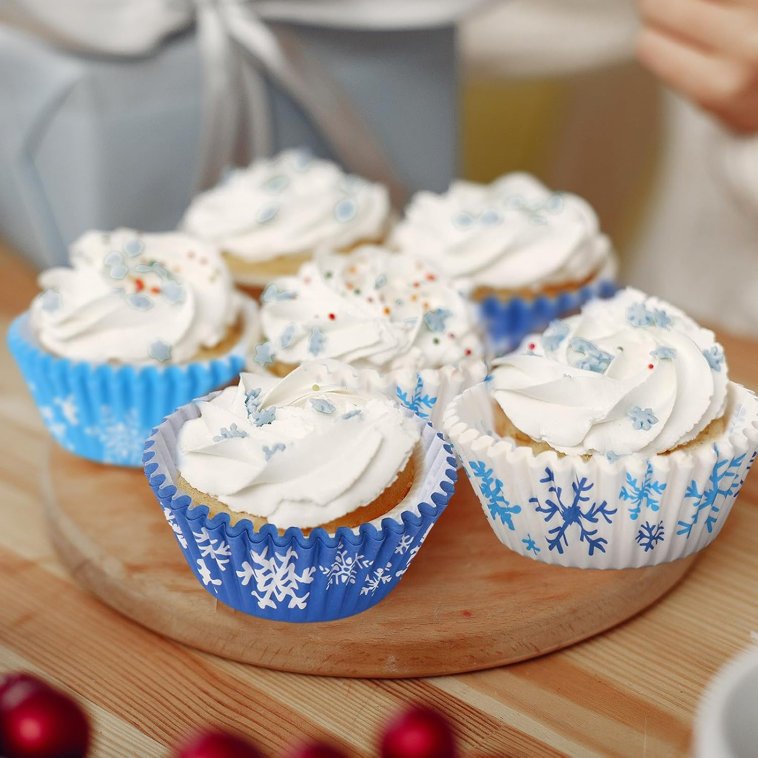 Whaline 600Pcs Winter Cupcake Liner White Blue Snowflake Paper Cupcake Wrapper 3 Designs Disposable Christmas Muffin Baking Cup for Home Kitchen Party Supplies, 2 X 1.2 In image number 2