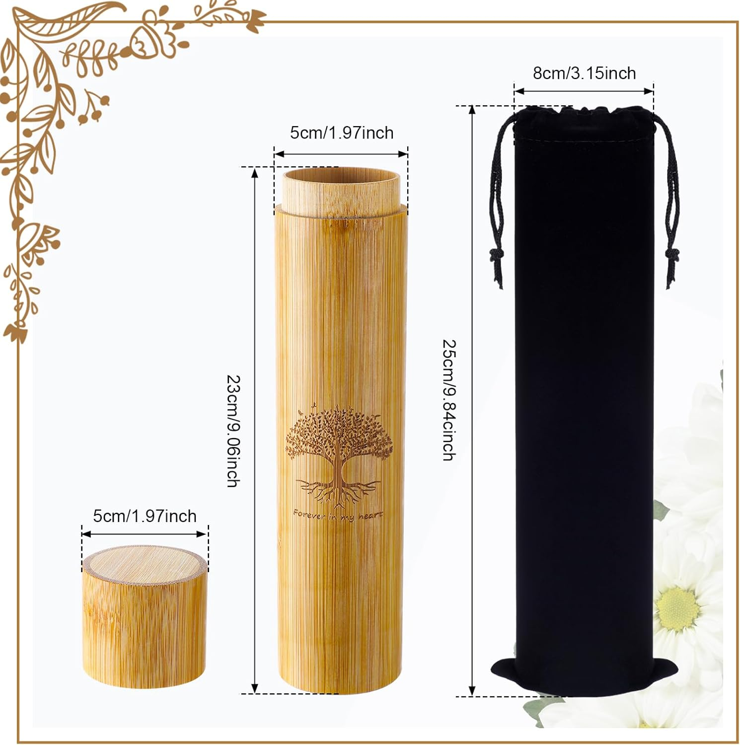 Thyle 2 Set Bamboo Scattering Urns for Ashes 9'' X 2'' Biodegradable Scattering Cremation Tubes for Human Adult Tree Small Tube Keepsake Urn and Black Velvet Bag for Spreading Human Pet Dog Cat Ashes image number 3