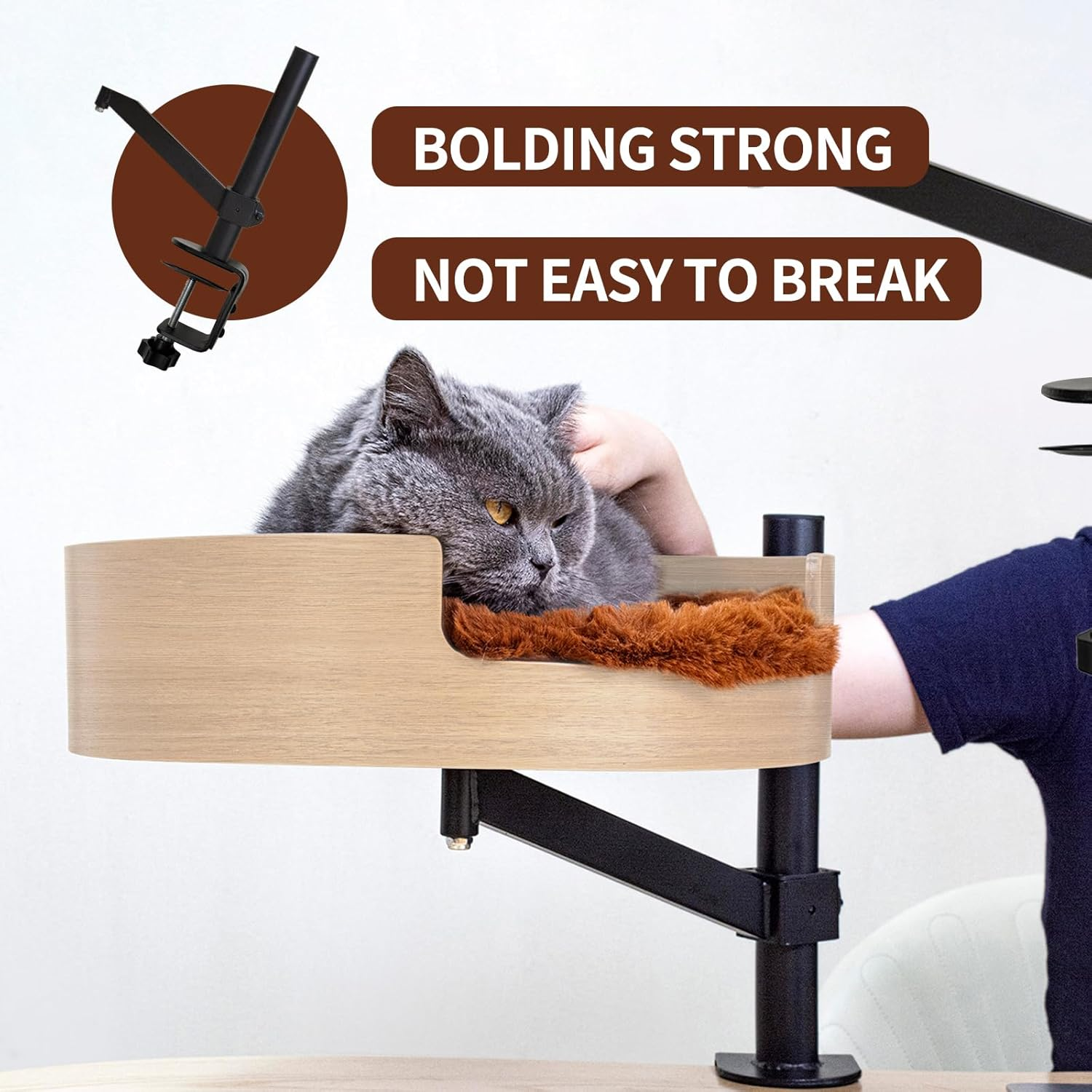 Cat Bed Desk with Pet Mat, Cat Hammock for Desk, ZBUQ Cat Bed Desk with Wooden Bowl, 360&deg; Rotation and Adjustable Height, Light Brown image number 5