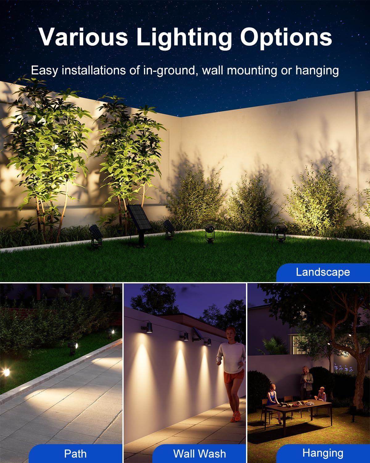 Warm White Solar Powered Lights Outdoor Waterproof LED Landscape Lights for outside Trees, Flag, Lawn, Pool, Yard, Garden, Path, Backyard with Glass Solar Panel and Adjustable Mount (4-In-1) image number 4