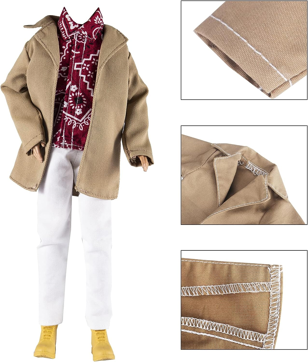 E-TING 10-Item Trench Coat Dating Clothes Pack = 5 Sets Fashion Casual Wear Clothing Outfit +5 Pairs Shoes for 12" Dolls (Random Style, Khaki Long Jacket Overcoat + Casual Wear +Swim Trunks) image number 3