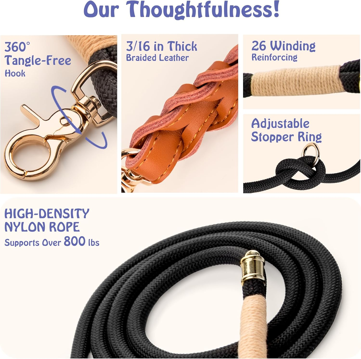 Premium Dog Leash 7FT Adjustable Rope Lead with Full Grain Leather Handle &ndash; Heavy Duty 10Mm Nylon Leash for Medium to Large Dogs, Comfortable Control for Daily Walking & Training image number 1