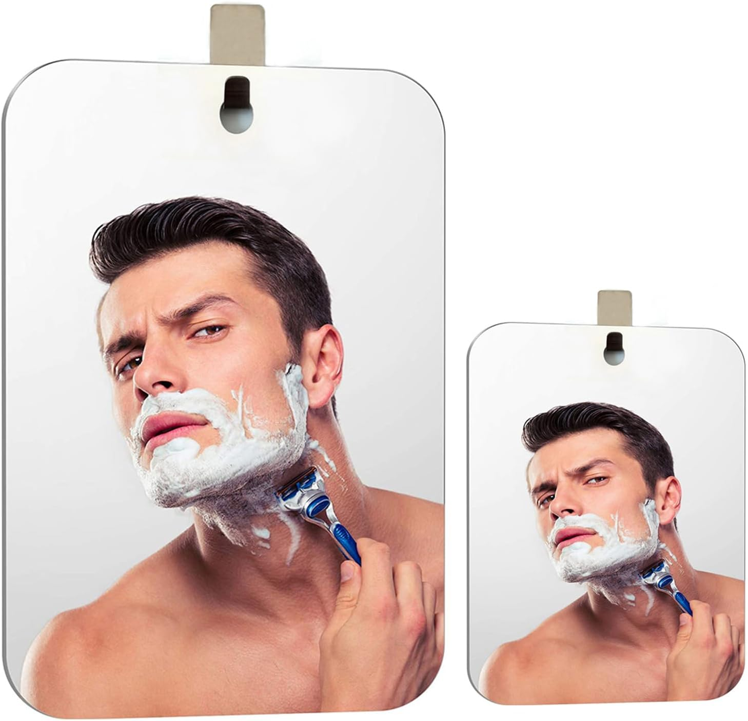 Xoyo 2-Pack Fogless Shower Mirror, Frameless, Rectangular, Stainless Steel, Adhesive Mount, 11" X 7.48" (Large), 6" X 4" (Small), 2.7 Oz, 2 Pack image number 1