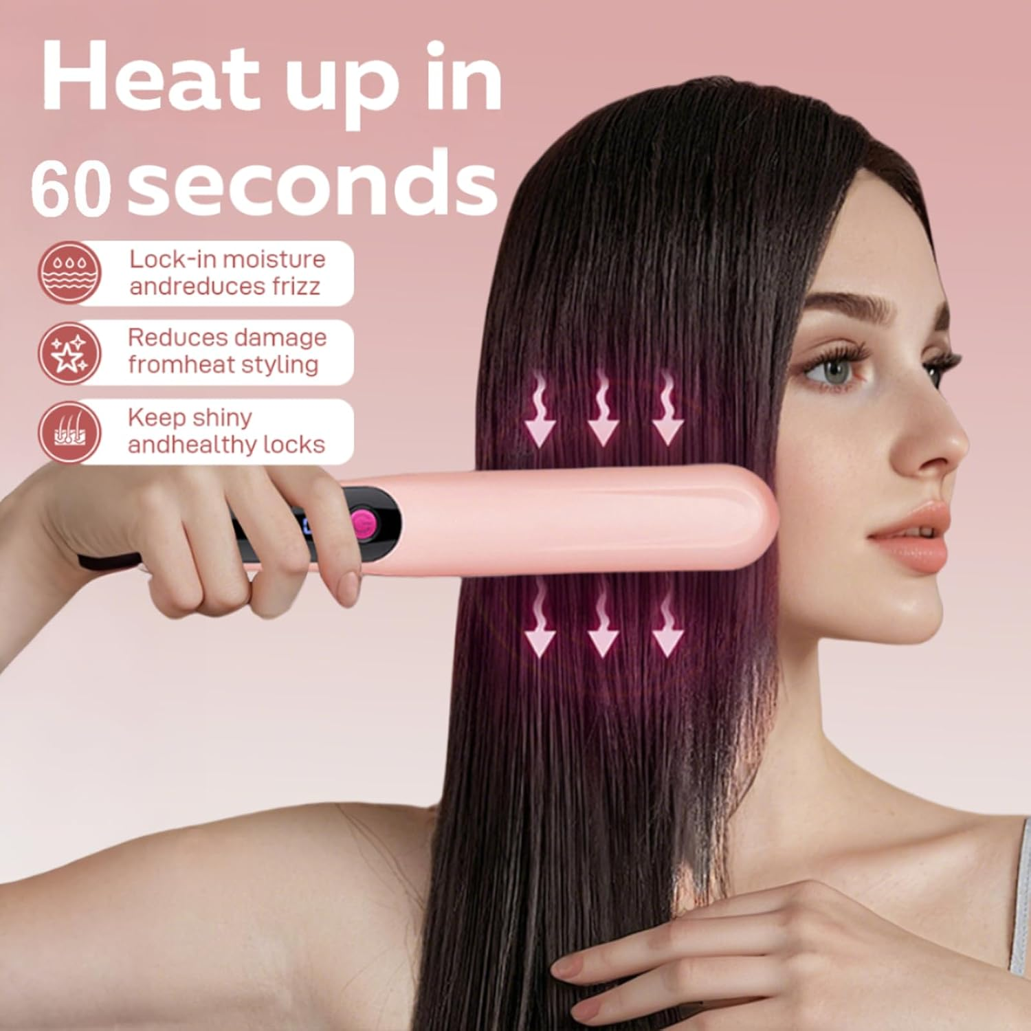 Anion Hair Straightener Brush Hair Iron with Built-In Comb 1 Minute Heating to 180&deg;C 180&deg;C/200&deg;C/230&deg;C3 Constant Temperature Mode Anti-Burn Design (Pink) image number 2