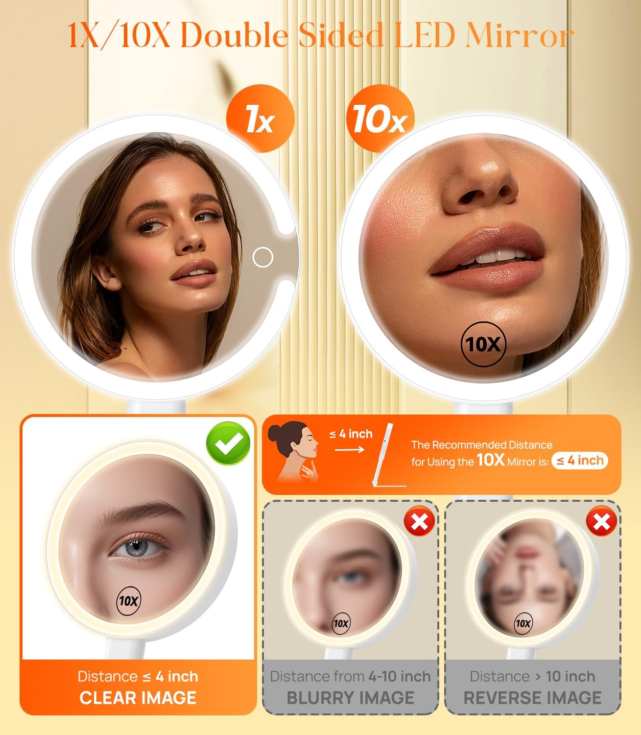 Gospire Magnifying Mirror with Light, 10X / 1X Double-Sided Makeup Mirror, 3 Colours, Dimmable Cosmetic Mirror with Lighting, 3-In-1 Travel Makeup Mirror, White image number 4