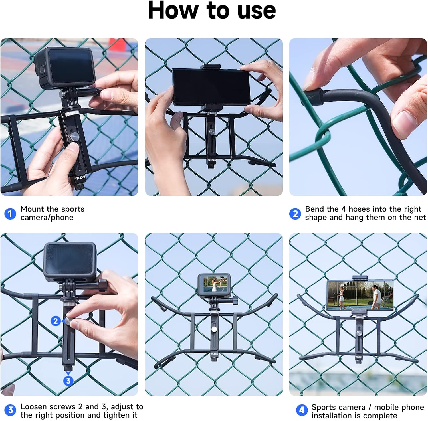 TELESIN Camera Fence Phone Mount Mevo Start Game Changer Chain Link Video Recording Accessories, Backstop Lynkspyder Clamp Clip Holder Attachment for Go Pro Insta360 Iphone Baseball Softball Tennis