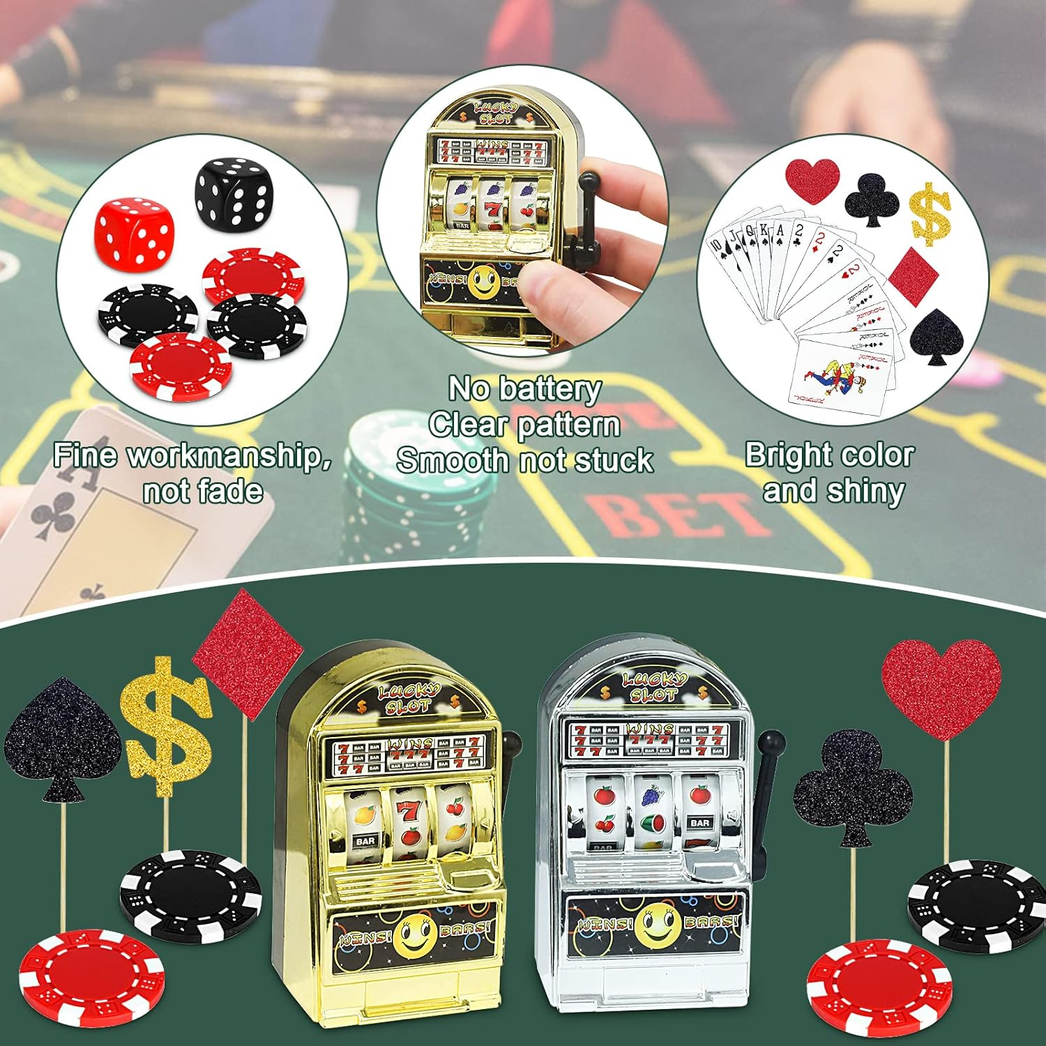 Morofme 21 PCS Casino Cake Decorations with Slot Machine Toy Cake Toppers Poker Cupcake Topper Casino Happy Birthday Cake Topper Poker Chips Dices Dollar Sign Las Vegas Themed Birthday Party Supplies image number 2