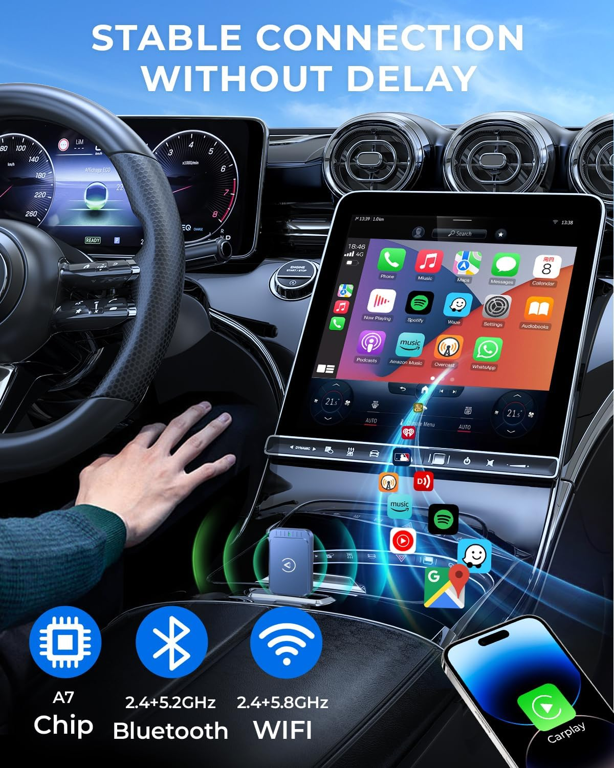Auroralink Wireless Carplay Adapter & Android Auto Wireless Adapter 2-In-1 Fast & Stable Carplay Wireless Adapter Convert Wired to Wireless Car Play Adapter for Ios 10+/Android 11+ (Dark Blue)