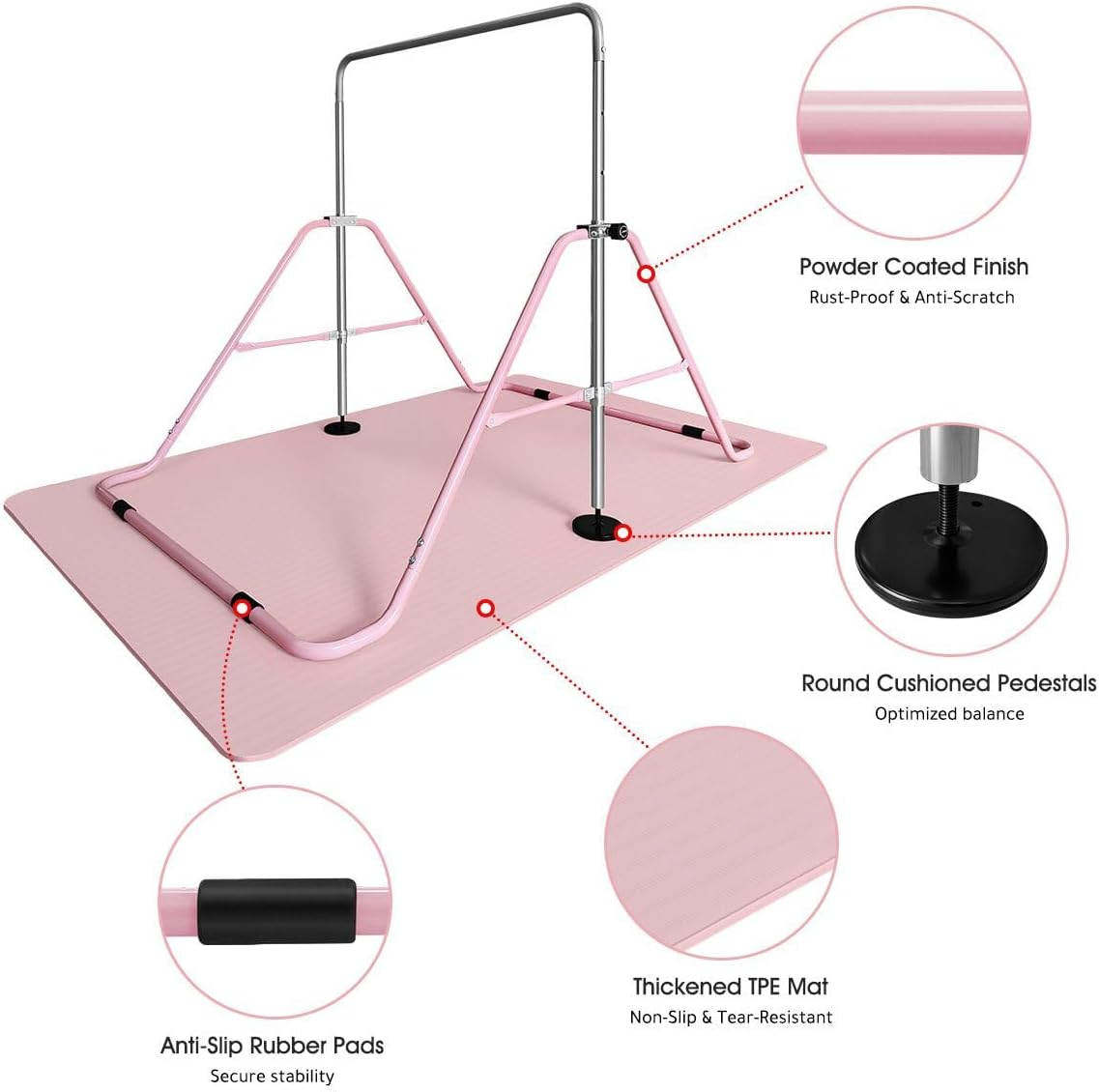 Genki Expandable Gymnastics Bars, Adjustable Height Gymnastic Horizontal Bars,Junior Climbing Frame Training Bar Children Folding Training Monkey Bars for Kids,Pink&hellip; - Pink/Mat image number 4