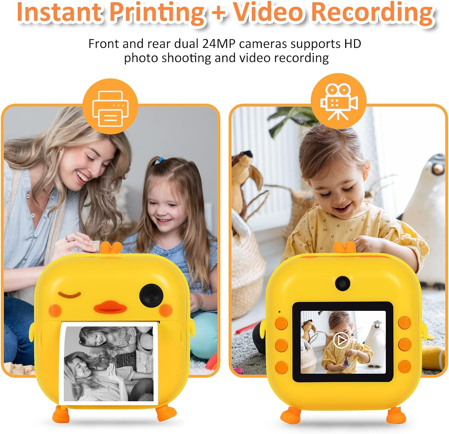 AURTEC Instant Camera for Kids, Mini Thermal Printing Camera, No Ink Required, 48MP Dual Camera,1080P HD Video, 32G TF Card, 3 Print Paper, 2.4 Inch Color Screen, Cute Animal Cartoon Design, Duck image number 5